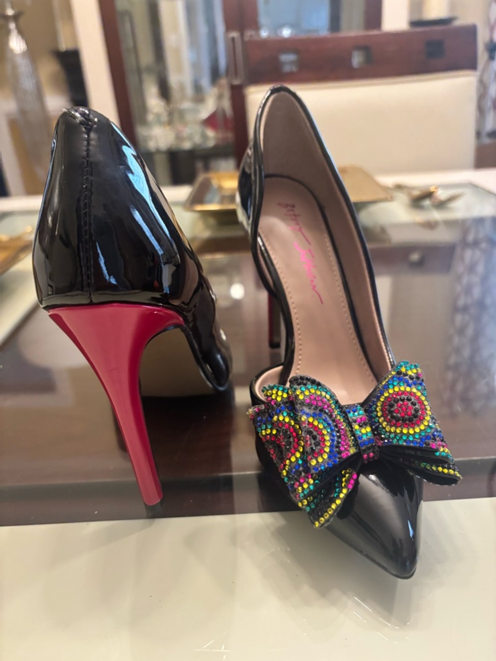 Betsey Johnson Black Patent Pumps with Pink Heel and Multicolor Beaded Bow